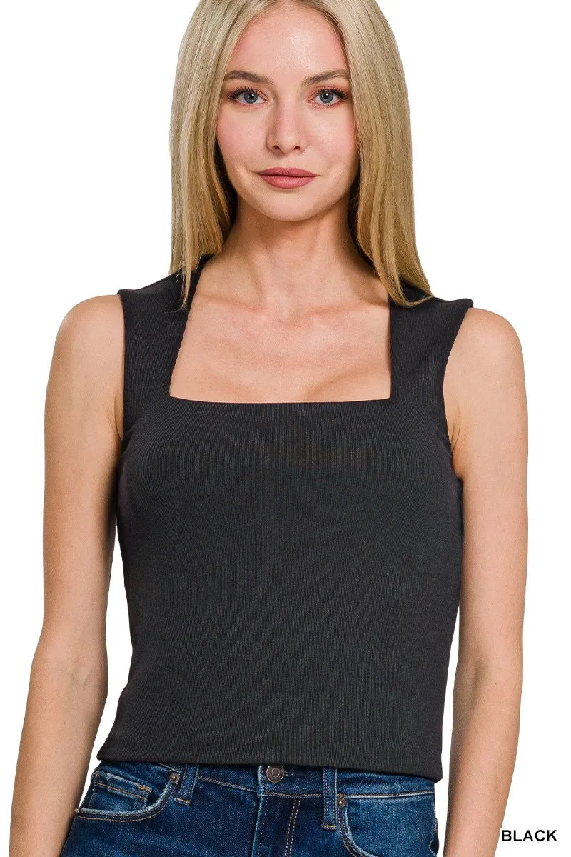Her Femme Fit Double Layer Square Neck Tank in Black, detail view 2