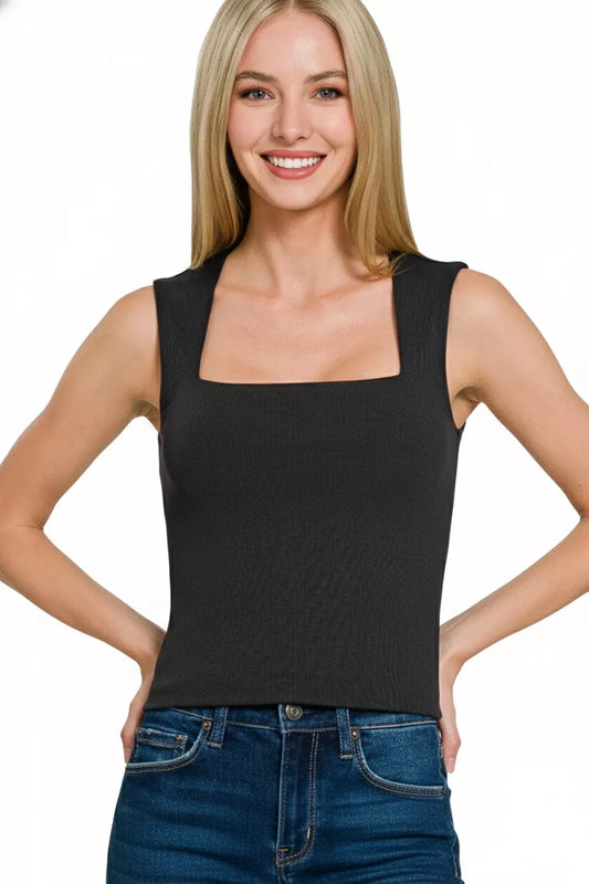 Her Femme Fit Double Layer Square Neck Tank in Black, alternate view