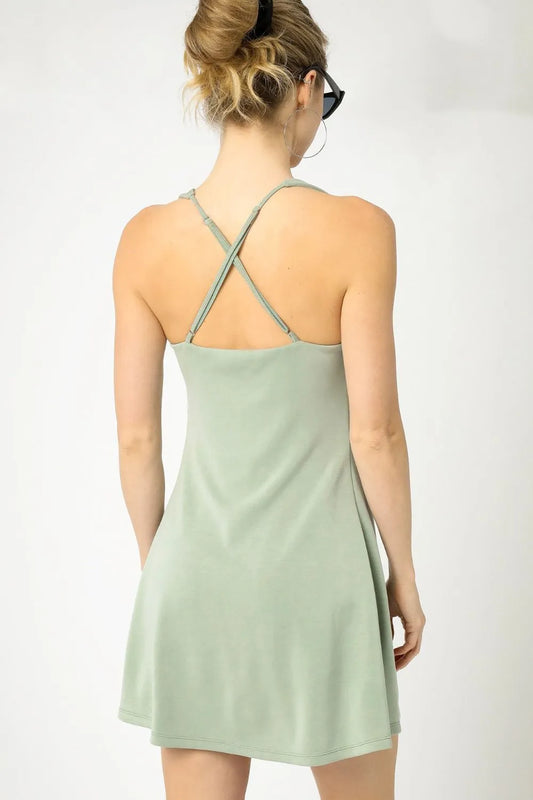 Her Femme Fit Crisscross Square Neck Active Dress in Sage, alternate view