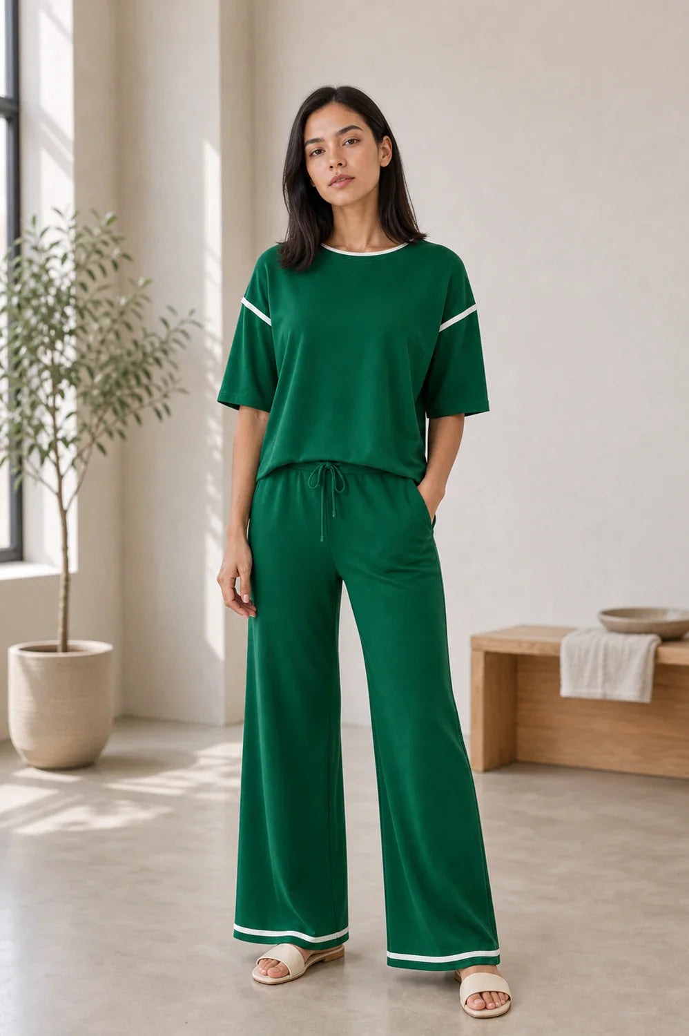 HER FEMME FIT model wearing Dark Green Contrast Trim Lounge Set