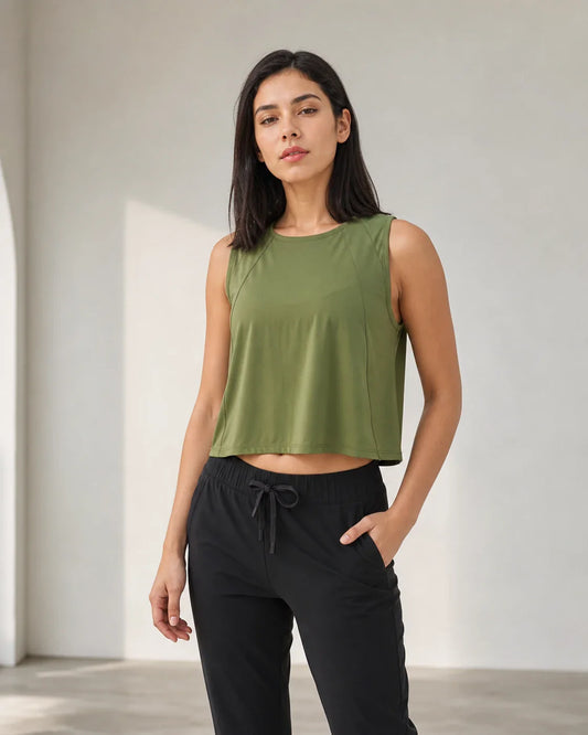 HER FEMME FIT model wearing Moss Round Neck Cropped Tank