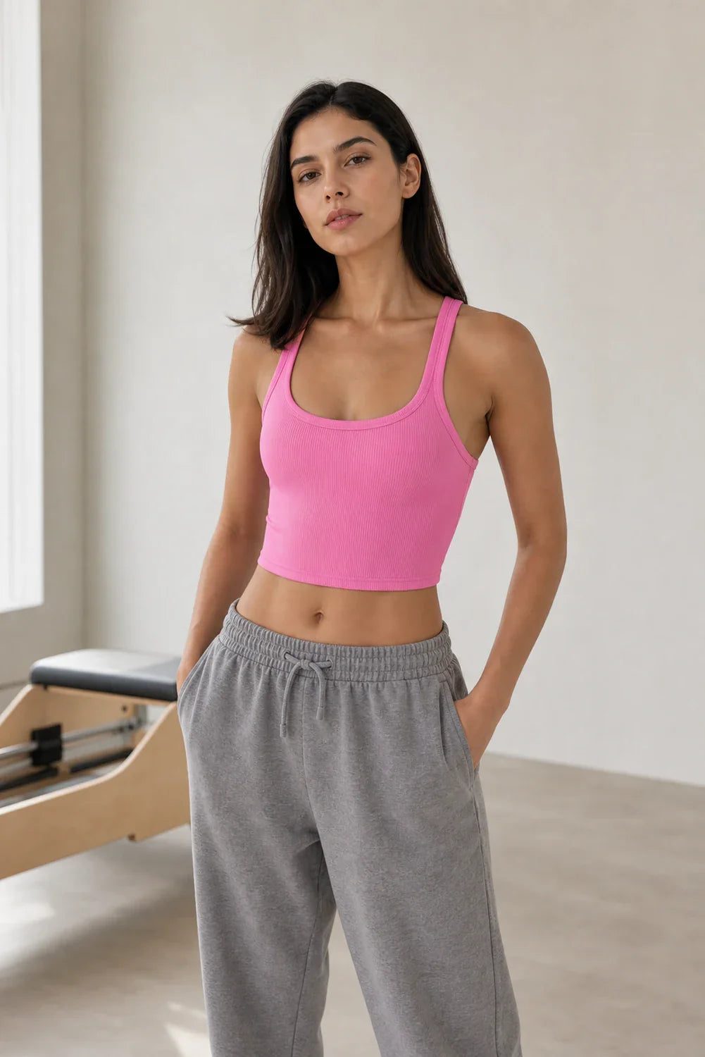 HER FEMME FIT model wearing Pink Scoop Neck Active Tank