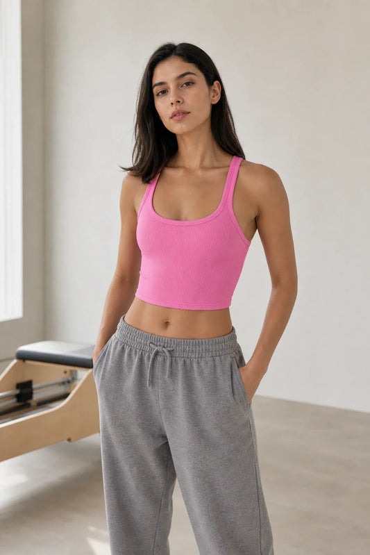 HER FEMME FIT model wearing Pink Scoop Neck Active Tank