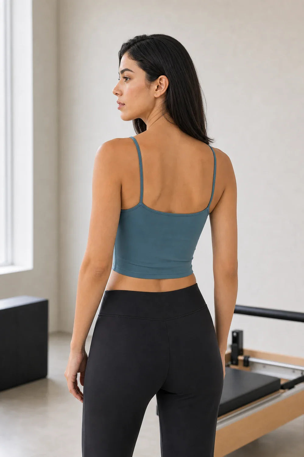 HER FEMME FIT model back view wearing Turquoise Scoop Neck Sports Cami