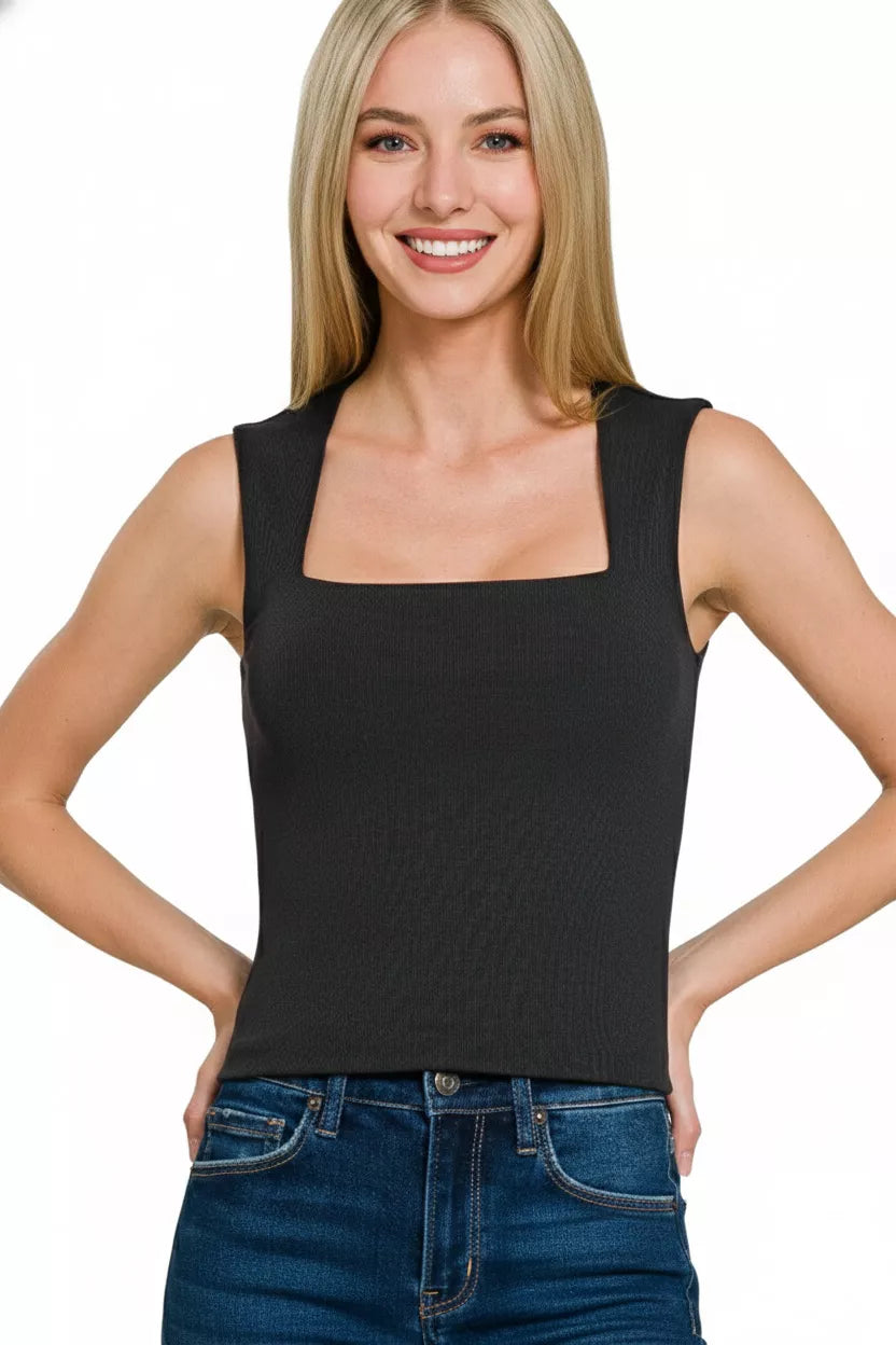 Her Femme Fit Double Layer Square Neck Tank in Black, alternate view