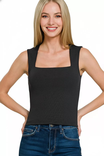 Her Femme Fit Double Layer Square Neck Tank in Black, alternate view