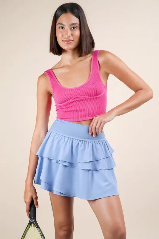 Her Femme Fit Tiered Ruffle Active Skort in Sky, detail view 4