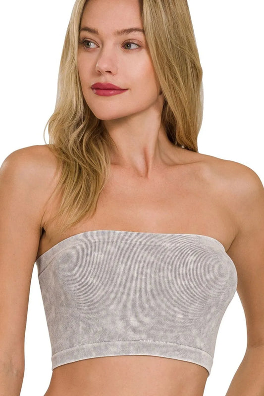 Woman wearing the Her Femme Fit Washed Ribbed Tube Top in Light Grey