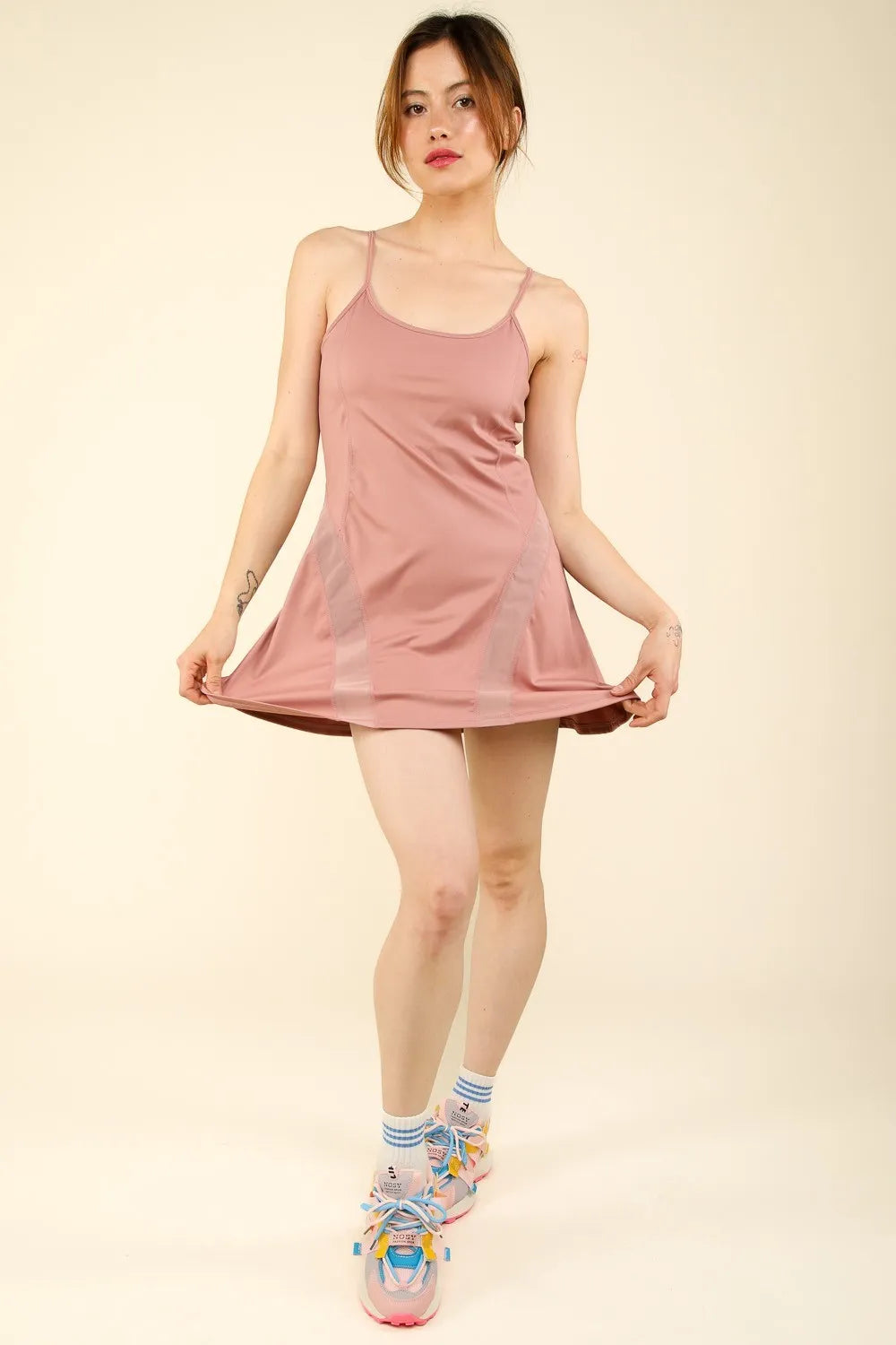 Her Femme Fit Mesh Panel Tennis Dress in Mauve, detail view 3