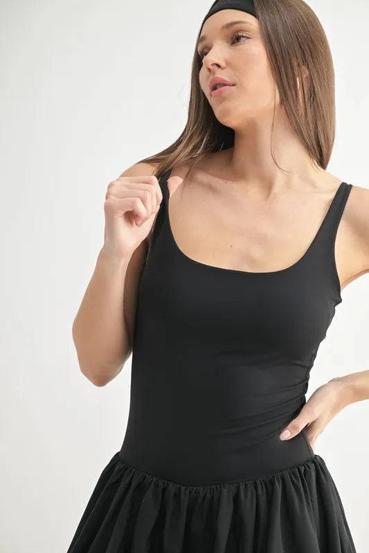 Her Femme Fit Bubble Hem Active Mini Dress in Black, detail view 4