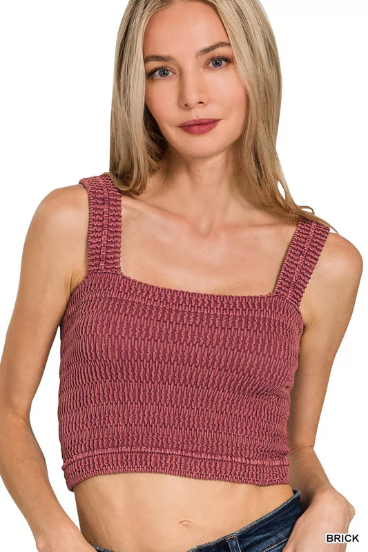 Woman wearing the Her Femme Fit Stone Washed Seamless Bra Top in Brick