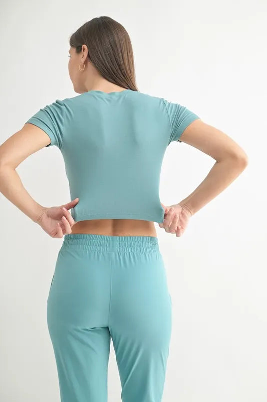 Her Femme Fit Micro-Ribbed Cropped Tee in Grey Teal, detail view 2
