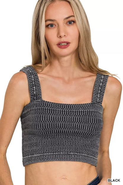 Woman wearing the Her Femme Fit Stone Washed Seamless Bra Top in Black