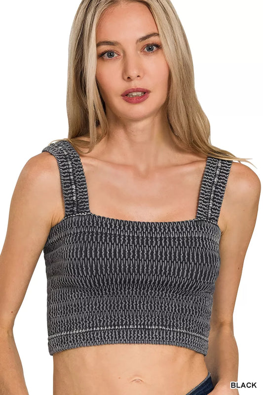 Woman wearing the Her Femme Fit Stone Washed Seamless Bra Top in Black