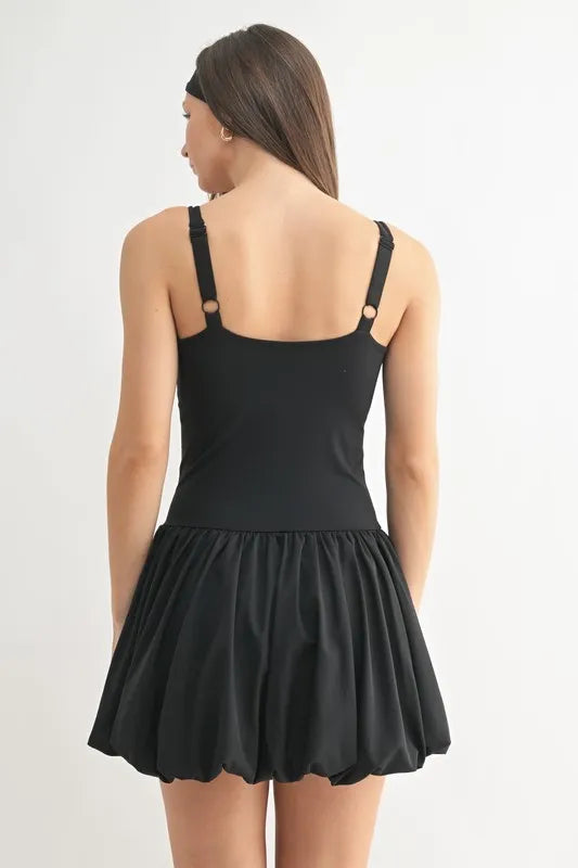 Her Femme Fit Bubble Hem Active Mini Dress in Black, detail view 2