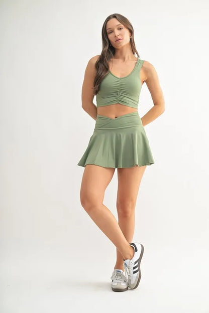 Her Femme Fit Ruched Front Active Tank in Moss, detail view 3