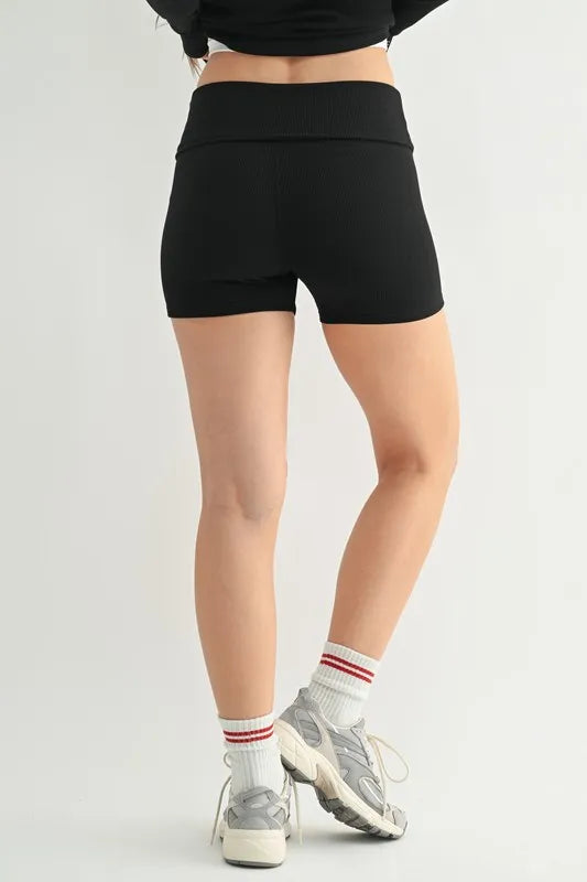 Her Femme Fit Ribbed Foldover Waist Shorts in Black, detail view 2