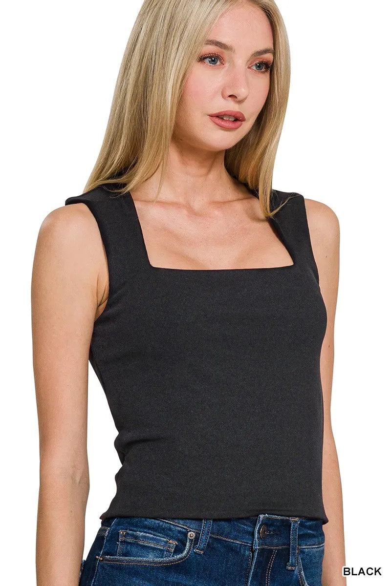 Woman wearing the Her Femme Fit Double Layer Square Neck Tank in Black