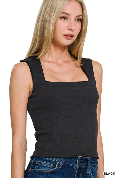 Woman wearing the Her Femme Fit Double Layer Square Neck Tank in Black