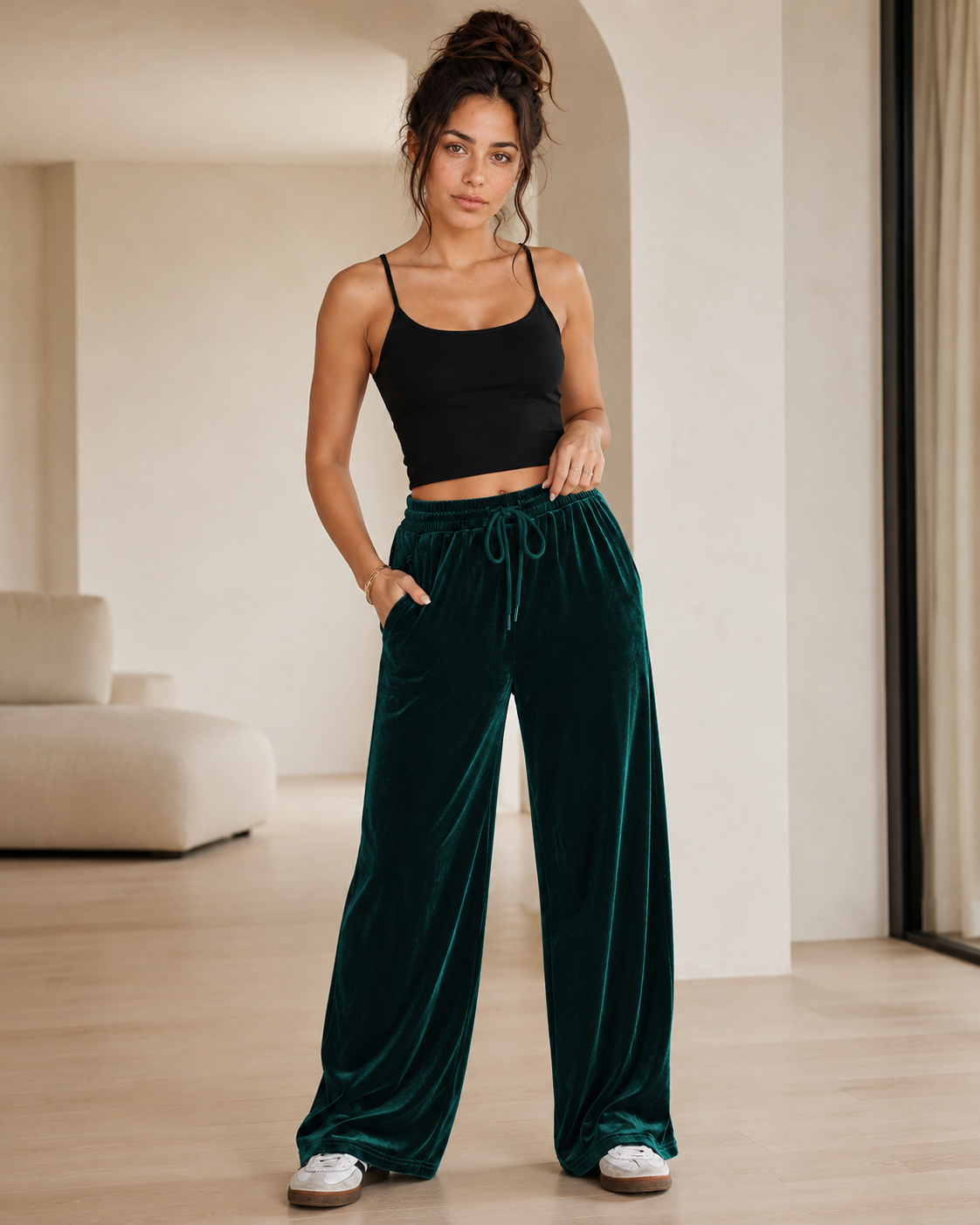 HER FEMME FIT Drawstring Waist Wide Leg Active Pants Black Forest full model view