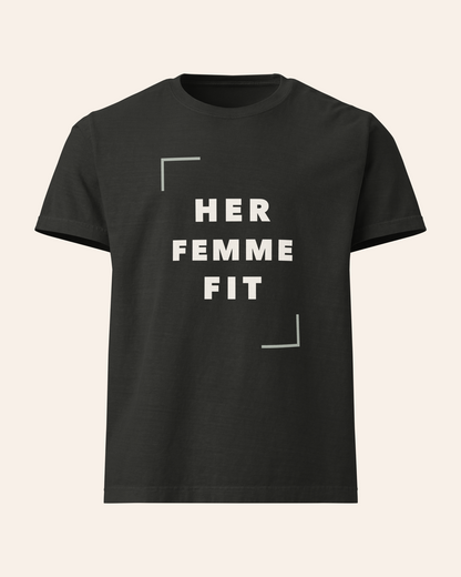 HFF Signature oversized garment-dyed T-shirt in Washed Black with ivory HER FEMME FIT graphic