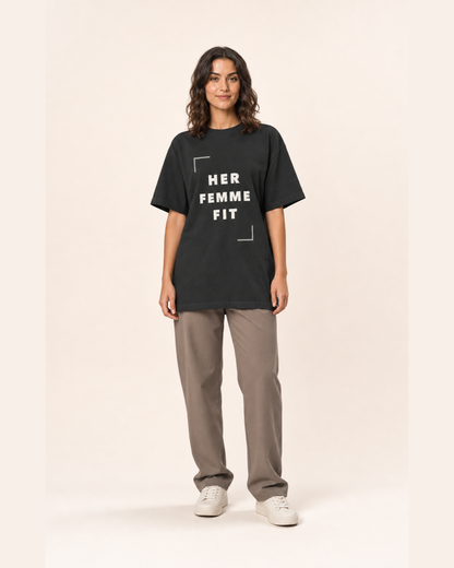 Woman wearing the HFF Signature oversized gym T-shirt in Washed Black, front view