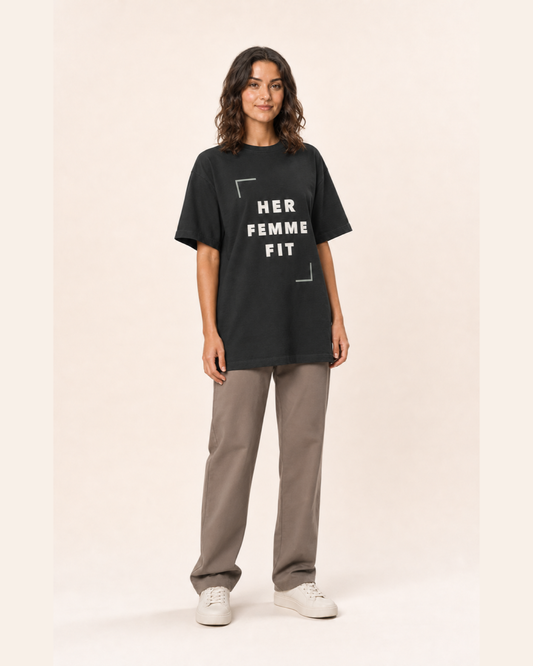 Woman styling the HFF Signature oversized gym T-shirt in Washed Black