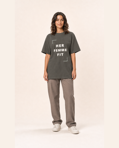Woman wearing the HFF Signature oversized gym T-shirt in Washed Charcoal, front view
